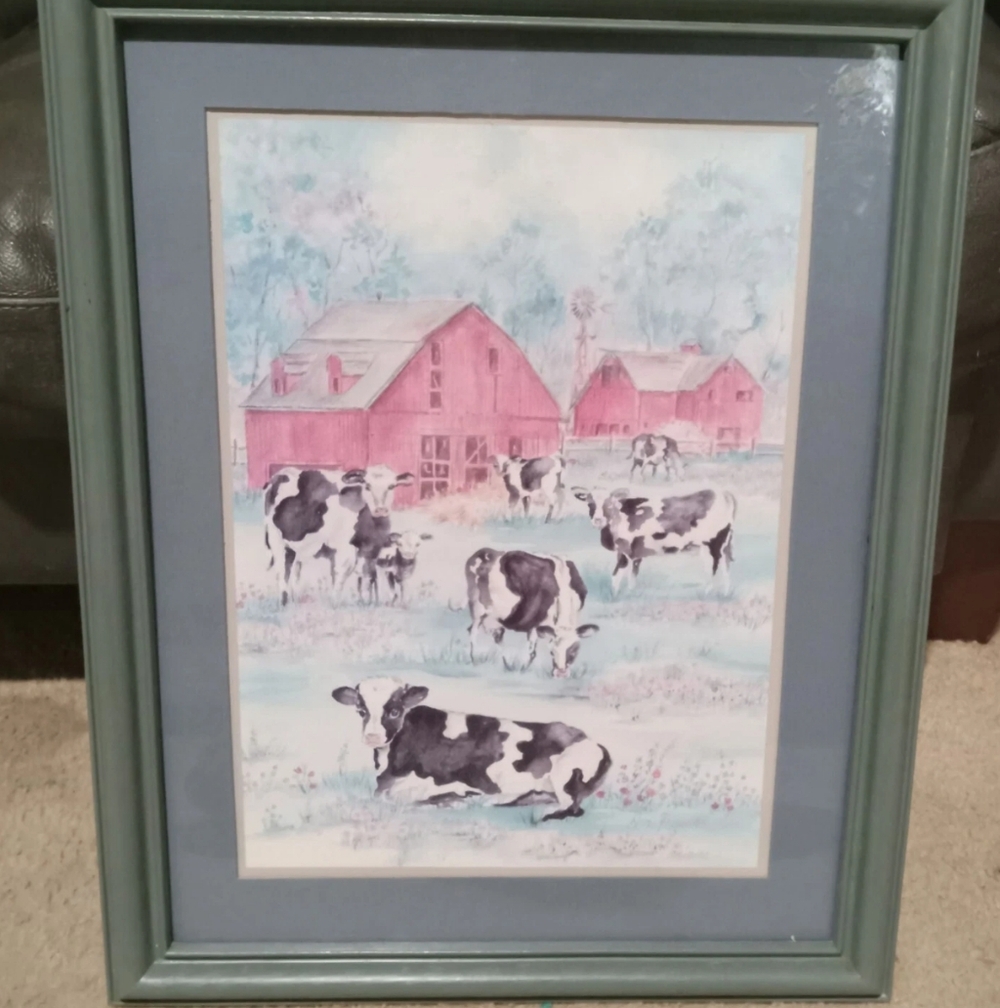 VINTAGE COW SCENE RED BARN IN FRAME BY AVA FREEMAN 16” X 20